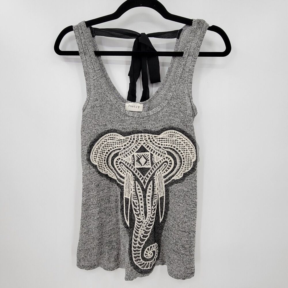 POETRY Women's Small Elephant Embroidered Tank Top Blouse Tie Back Gray Blouse